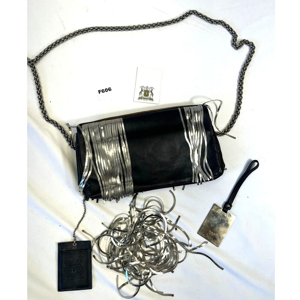 Trussardi Black Leather Fringe Crossbody Shoulder Bag Silver Chain Italy - F606